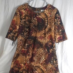 Jones Studio Stretch Dress Women's Size Large Gold Black Brown Patterned NEW